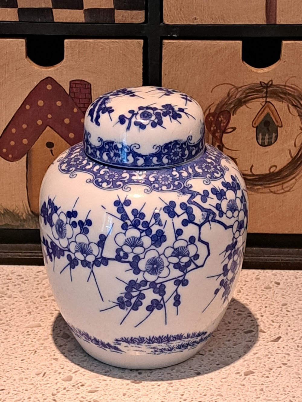 Vintage Blue and White Porcelain Floral Ginger Jar - Home Accents